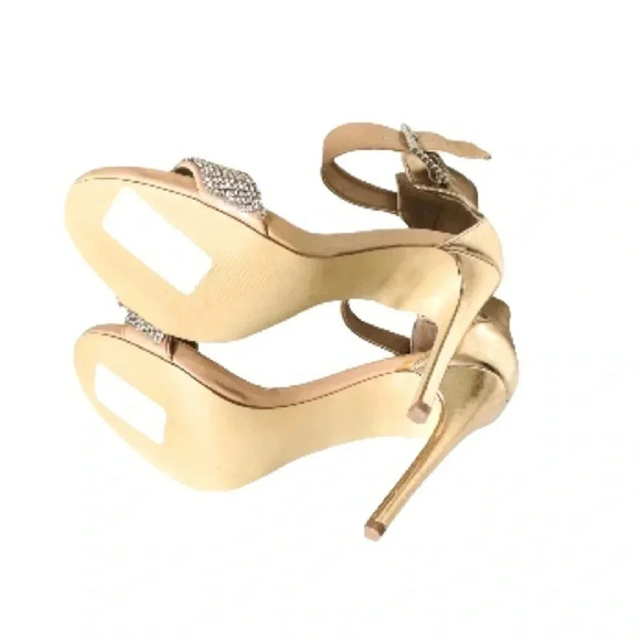 STEVE MADDEN | Gold/Tan/Silver Rhinestone Strap Open Toe Chrome Stiletto Size 9M - Picture 7 of 7